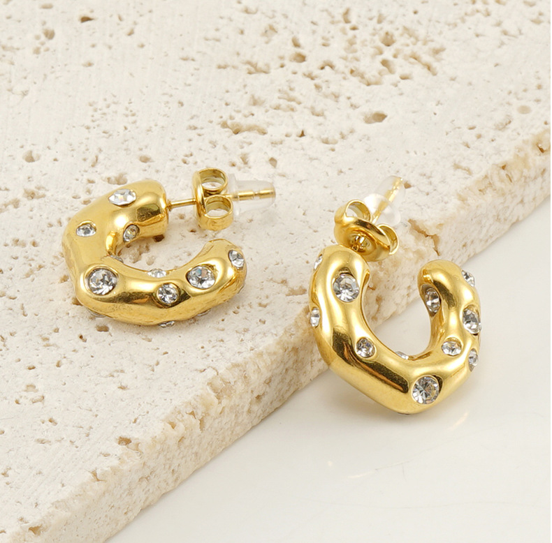 1 Pair Simple Style C Shape Inlay Stainless Steel Artificial Diamond Earrings display picture 1