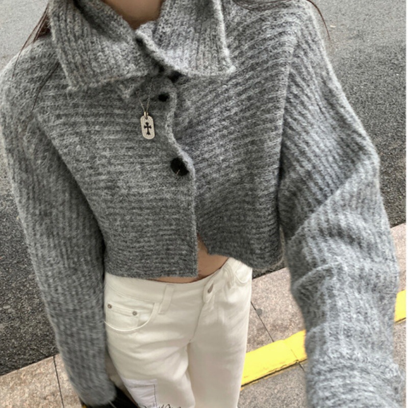 区区欧阳 翻领针织衫女冬季新款慵懒风开衫毛衣外套软糯短款上衣|undefined