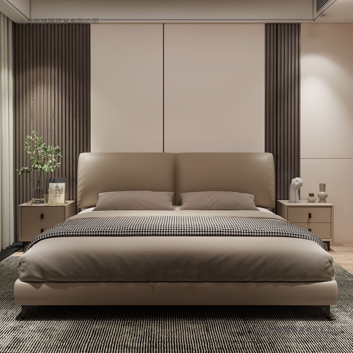 Elephant Ear Italian Leather Bed Modern Simple Small Apartment Double Bed Master Bedroom齐边 Wedding Bed with Soft Backrest and High Legs