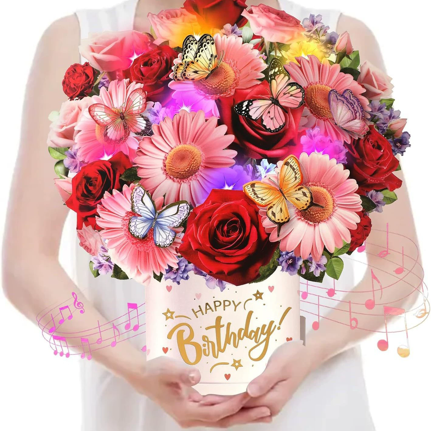 3D всплывающее сообщение «С Днем Рождения» 10inch цветов и бабочек, букет, поздравительная открытка, музыкальная открытка на день рождения