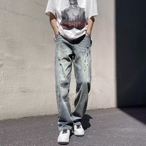 Vintage Wash Waterfall Spring and Autumn Season Street Smart Versatile Men's Vibe Style Loose Drape Legging Jeans