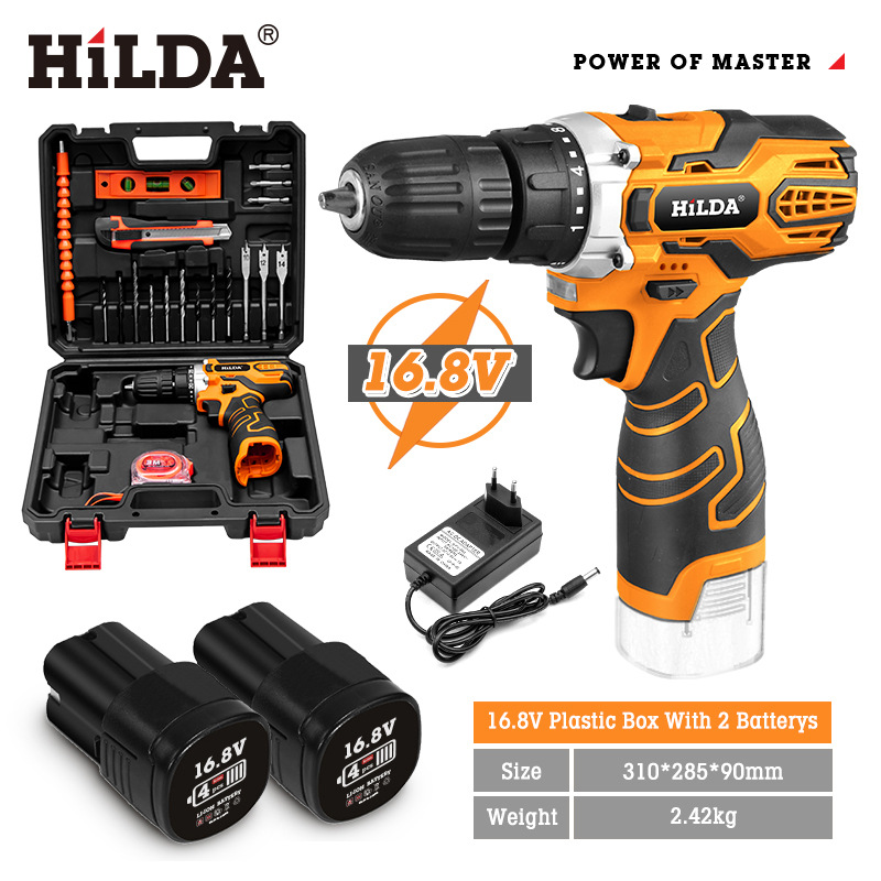 Hilda en stock recargable impacto taladro batería de litio mano taladro hogar al por mayor destornillador eléctrico Accesorios