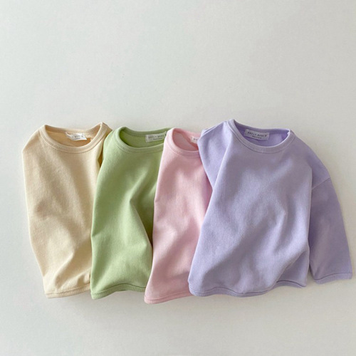 Children's stylish cotton comfortable candy-colored long-sleeved T-shirt for babies, loose casual top for boys and girls, basic shirt in Korean style