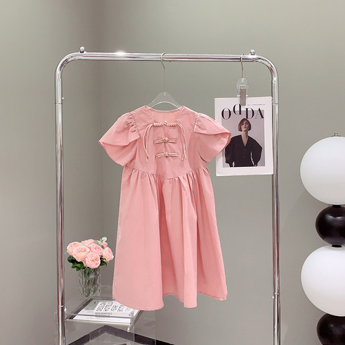 Girls' Summer Short-Sleeve Dress in Traditional Chinese Style, Solid Color, Suitable for Middle and Large Children, Elegant and Fashionable, Chic and Charming, Princess Dress