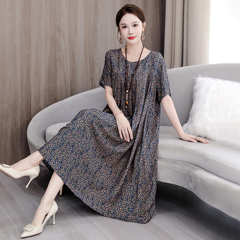Summer Middle-aged and Elderly Women's Cotton Silk dress Fattening plus size Loose Home Clothes for Young Mothers Nightdress for Outer Wear Summer Middle-aged and Elderly Women's Cotton Silk dress Fattening plus size Loose Home Clothes for Young Mothers Nightdress for Outer Wear