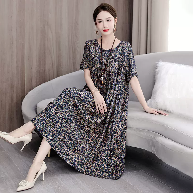 夏季中老年女士棉绸连衣裙加肥大码宽松年轻妈妈家居服睡裙可外穿
