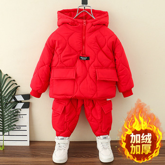 宝宝童装儿童加绒加厚套装秋冬装2025新款儿童连帽保暖棉衣服套装