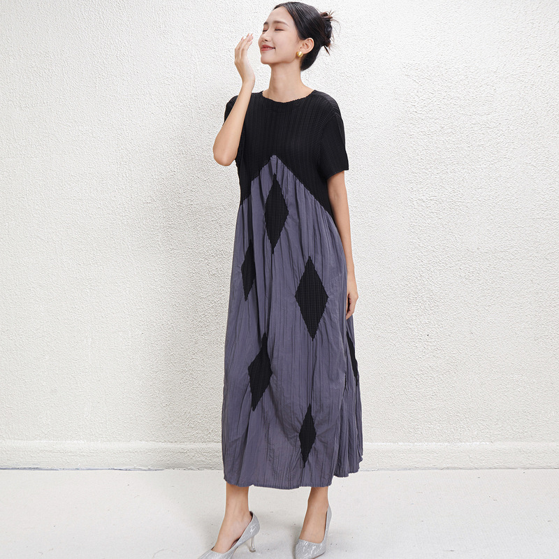 Nanyou High-End Pleated Cotton Contrasting Color Loose Large Size Long Skirt Maternity Dress Ladylike Noble Elegant Dress