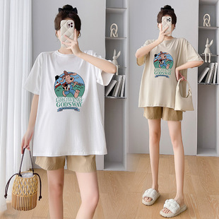 Maternity Summer Suit Short-Sleeved Plus Size Cotton Top Loose White T-Shirt Fashionable Shorts Two-Piece Thin Set