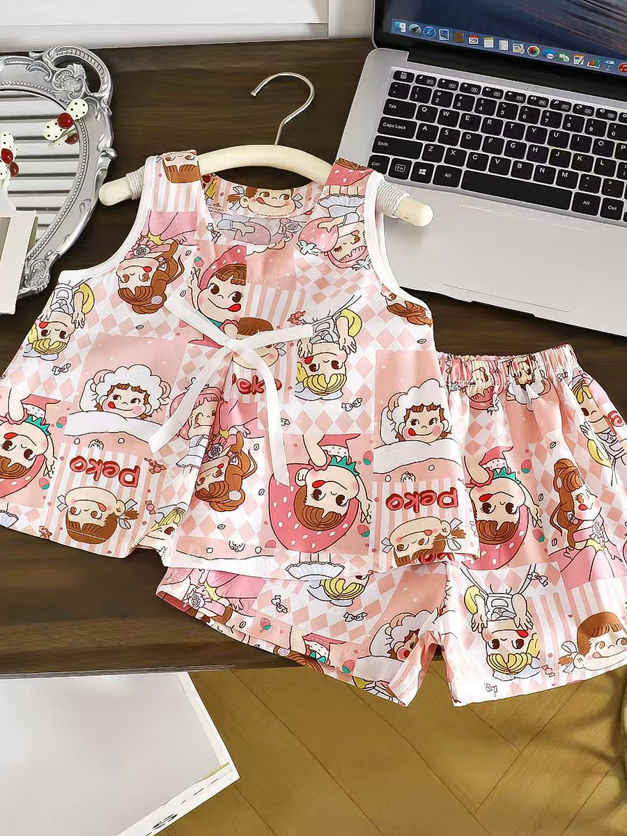 Nuevo chaleco de seda de niñas set de hogar verano cómodo chaleco de arco de cinta fresco pantalones cortos delgados sin