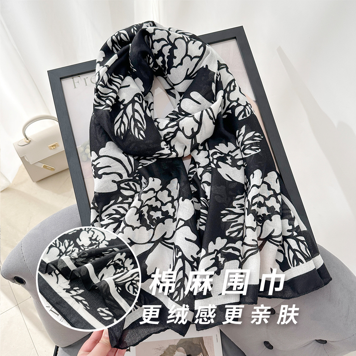 Versión coreana del diseño de moda con sentido de la bufanda de algodón y lino para mujer, temperamento retro, planta, estampado de flores, viaje con chal de moda