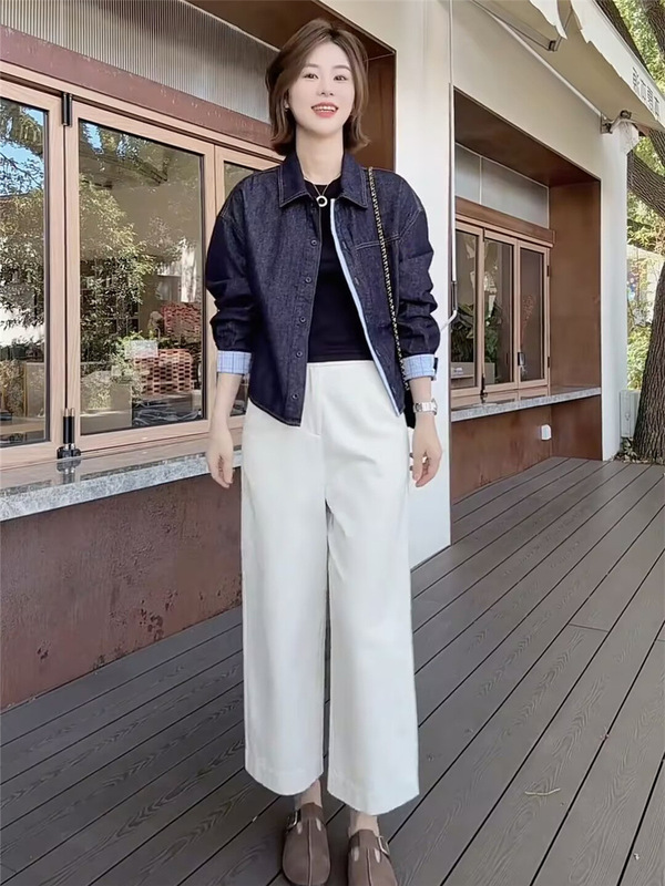 港风复古牛仔外套女秋季短款高品质拼接格纹翻领衬衫爆款洋气上衣|undefined