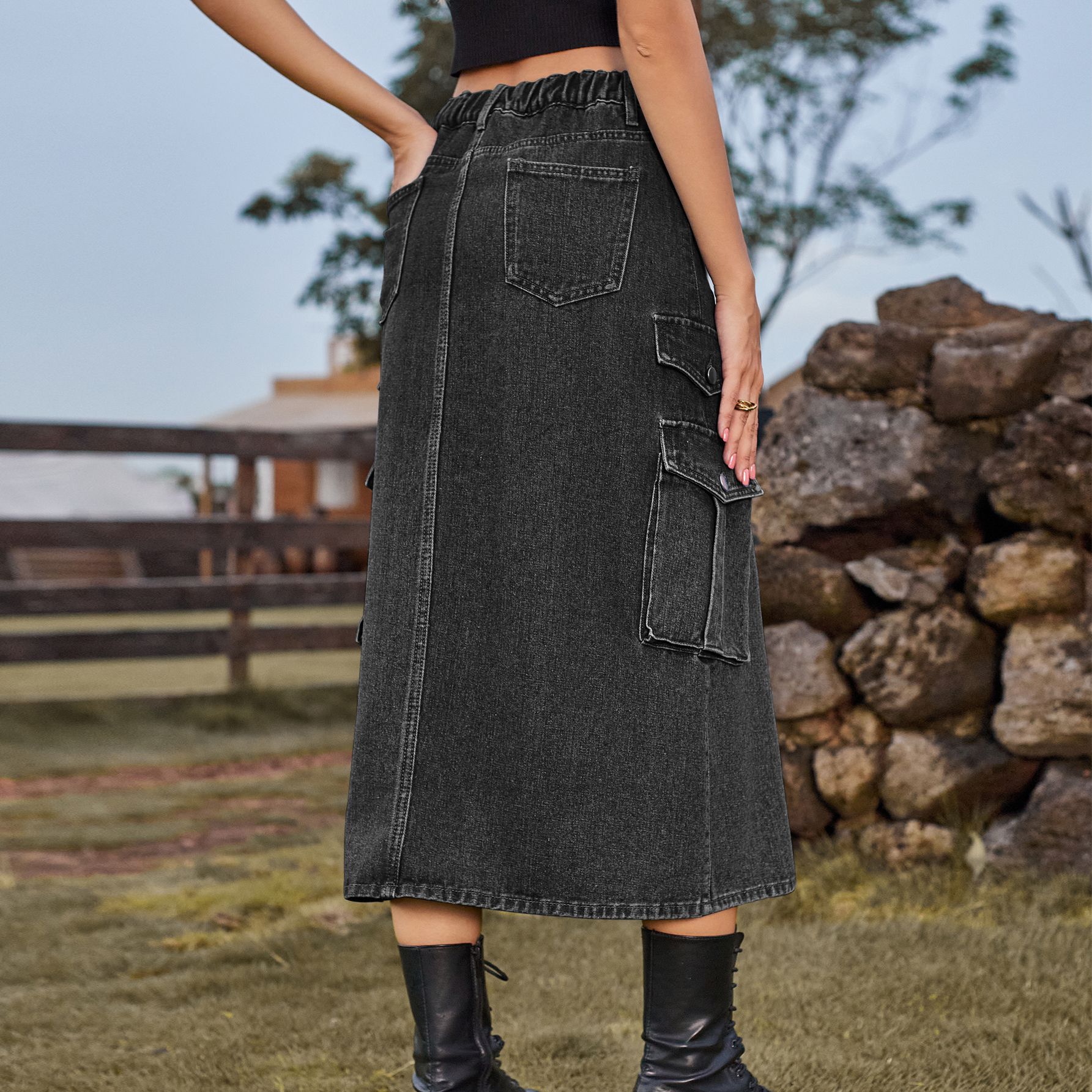 Spring Autumn Streetwear Solid Color Denim Midi Dress Skirts display picture 31