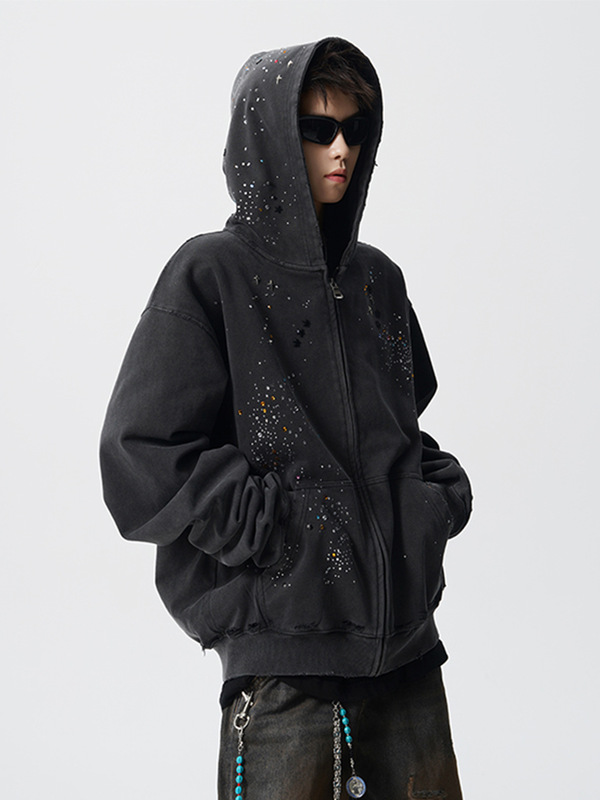 Rhinestone zip-up hoodie men