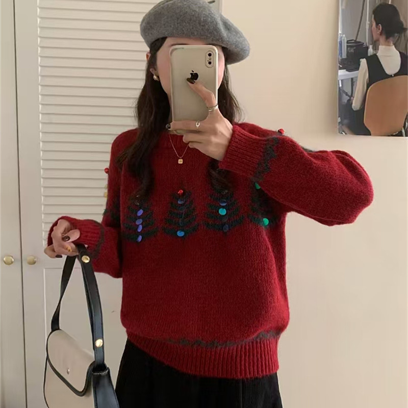 Kaning Heavy Industry Lazy Style Christmas Tree Jacquard Knit Sweater 2026 Autumn/Winter New Year Atmosphere Pullover Sweater