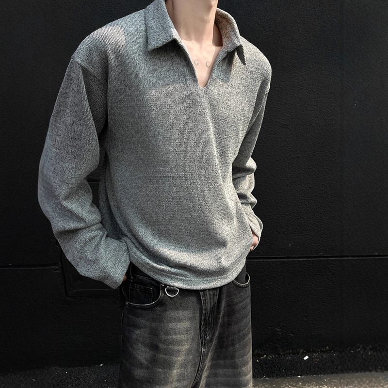 Old Money Style V Neck Polo Shirt Sweatshirt Men's Autum New American Retro Long-Sleeved Top Wheat Texture Knitwear