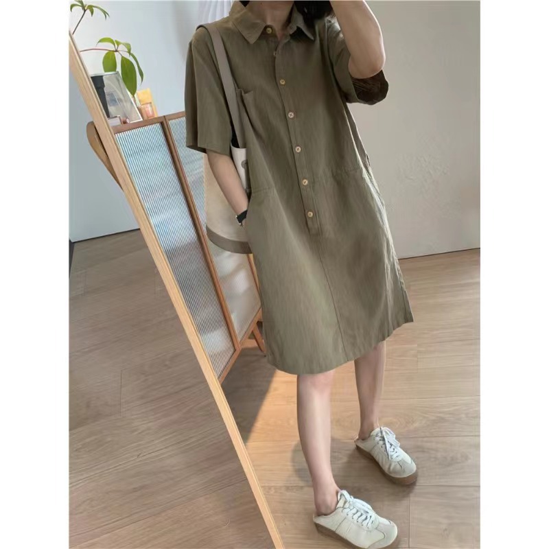 Đầm sơ mi suông tay ngắn thiết kế độc đáo dáng thẳng — màu xanh hải quân chi tiết 3