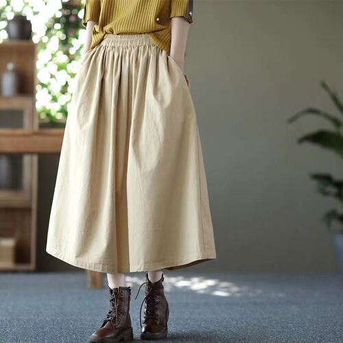 Cotton Spring Summer Skirt 2025 Slim Skirt Women's Elastic Waist Solid Color Large Size Large Hem Skirt Umbrella Skirt