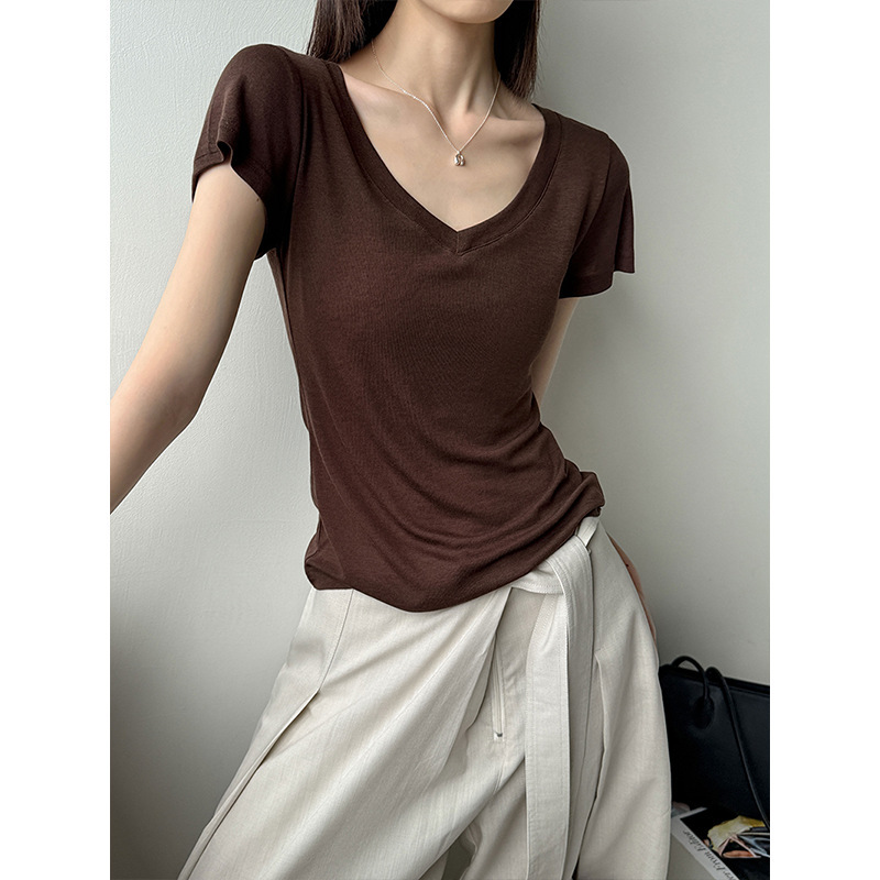 Orange Zhi Summer New Korean Style Casual V-Neck Lazy Short-Sleeve Loose Niche Wool T-Shirt 8005
