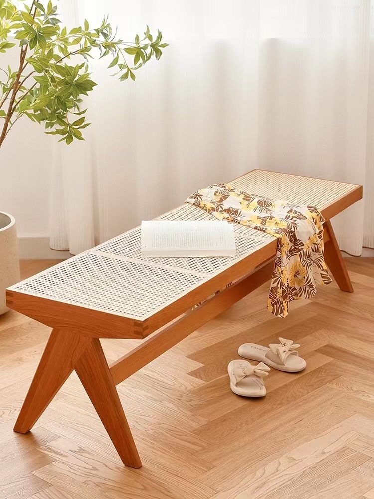 Solid wood rattan long bench, Chandigarh chair, vintage long bench, Japanese designer retro home furniture, shoe-changing bench for homestay