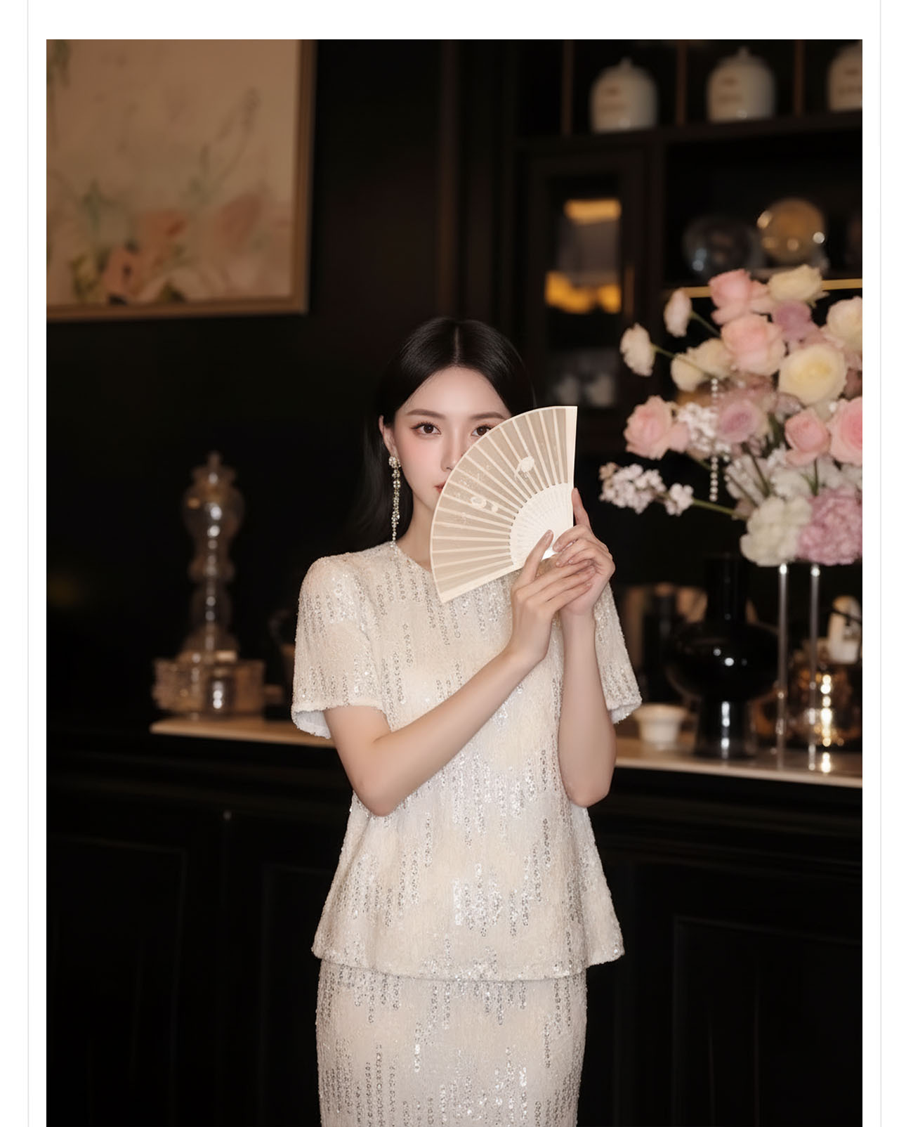 Áo sơ mi nữ dài tay phong cách Trung Hoa đính sequin cao cấp xuân hè — Áo sơ mi màu mơ, Váy nửa màu hạnh nhân chi tiết 6