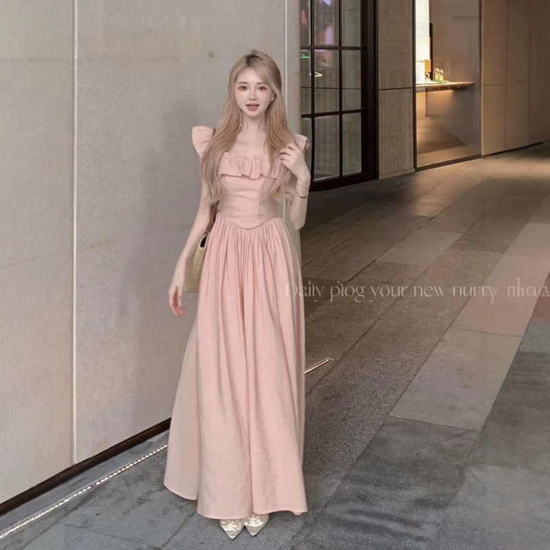 【Original Design with Lining】Pink Flutter-Sleeve Dress with Ruffles, Square Neckline, Summer Long Dress with Waist-Cinching A-Line Silhouette