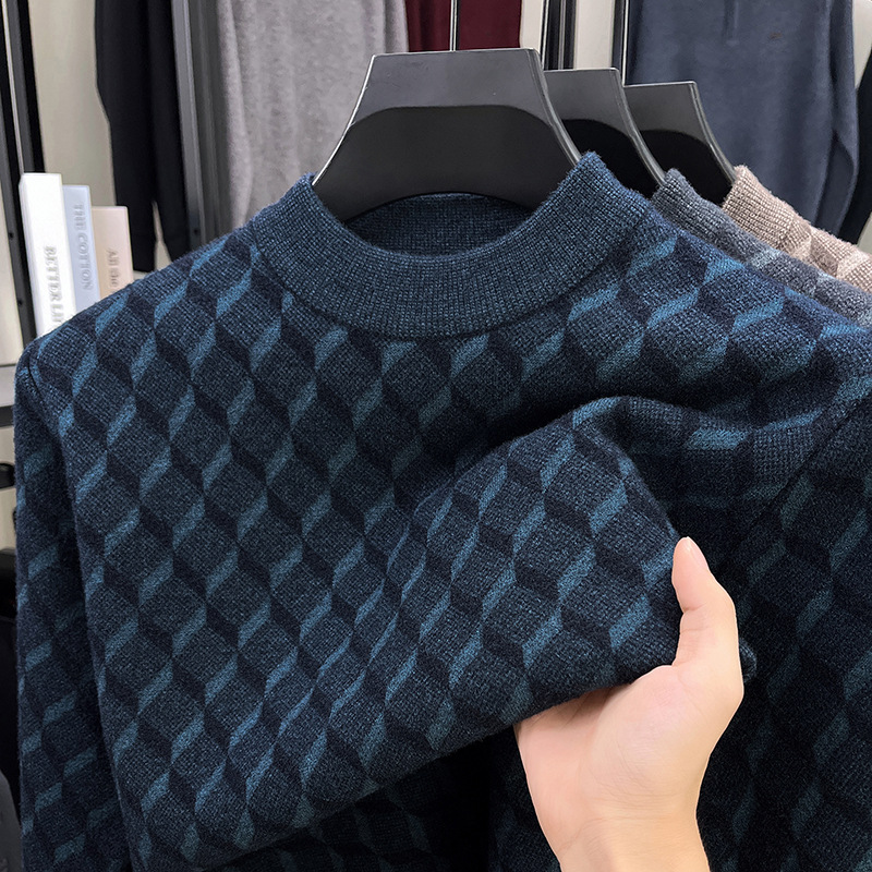 Casual Velvet Thickeneded Sweater Men's Knitted Bottoming Shirt One-Piece Velvet Warm Winter Half Turtleneck Pure Color Sweater