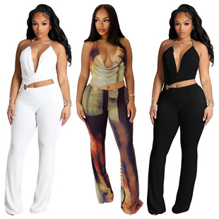 10867 European and American Export Women's Clothing Supply Amazon Circle Decoration Sexy Halterneck Exposed Waist Slim Jumpsuit New
