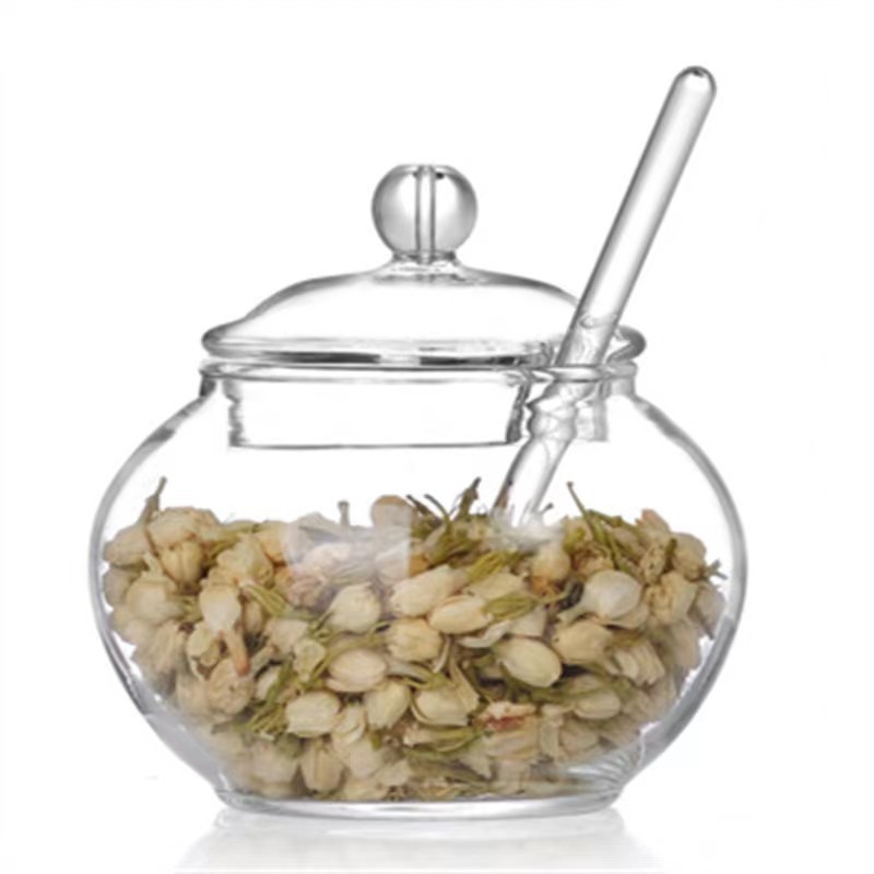 Hermoso y creativo de grado alimenticio vidrio transparente latas de miel de almacenamiento jarra de jelly frasco de miel doméstica con barra de agitación