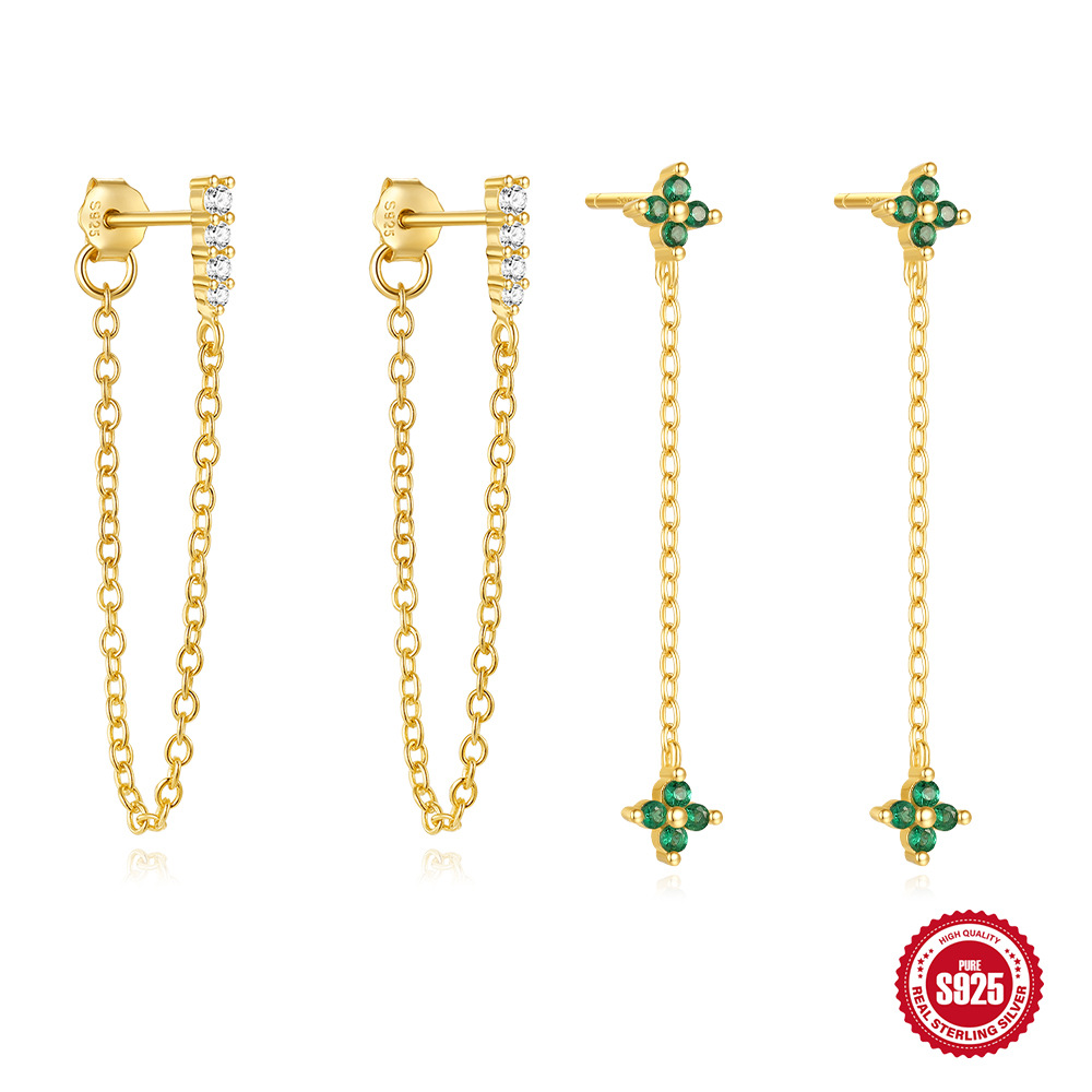 Nuevo Pendientes de borla de flores de cuatro hojas exquisitas de plata de ley S925