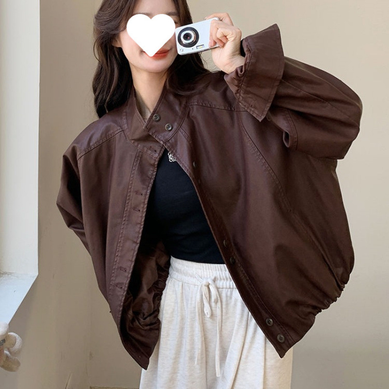 Maillard Coffee-Colored Small Leather Jacket for Women 2025 Spring New Trendy Street Style Petite Biker Jacket