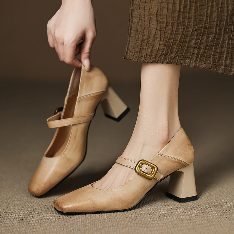 Женские туфли-лодочки в стиле французского ретро 2025, новый стиль, натуральная кожа, толстый каблук, ремешок с пряжкой, элегантные туфли Мэри Джейн на высоком каблуке