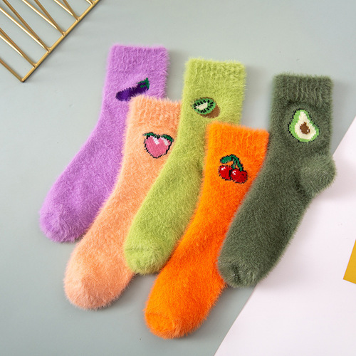 Trendy ins avocado floor socks, winter velvet fruit style home socks, Japanese coral velvet mink velvet snow socks