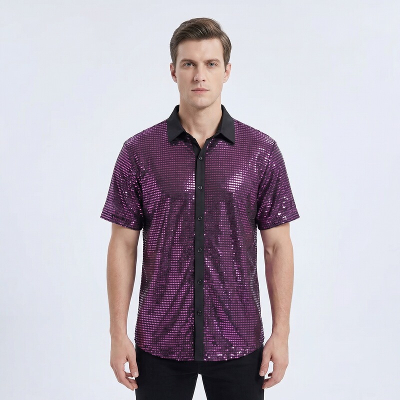 Cross-border summer new personalized fashion breathable sequin short sleeve shirt Amazon hot selling square collar color matching men's clothing