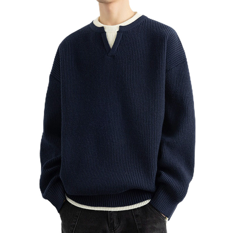 Explosiones transfronterizas de tamaño grande europeo falso dos piezas de costura camiseta de punto suéter hombre cuello V viejo viento otoño invierno fábrica al por mayor