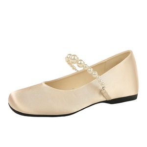 835-K216 French round toe Mary Jane shoes for women, with a string of pearls, versatile silk, and increased height balle