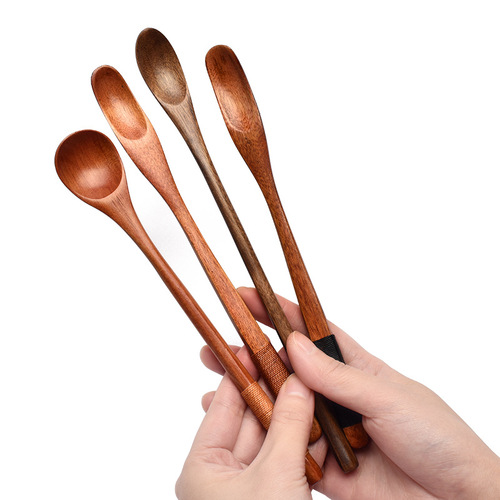 Japanese and Korean style tied cooking small wooden spoon 23cm long handle mixing spoon creative honey spoon wholesale nanmu coffee spoon