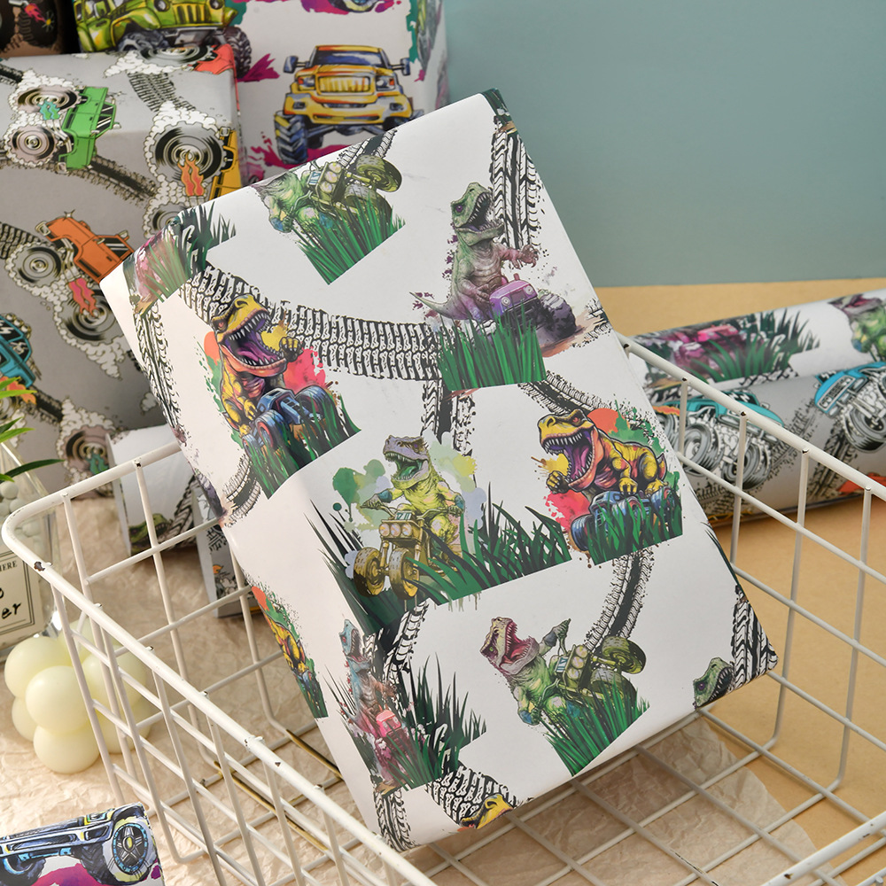 Amazon nuevo coche de dibujos animados dinosaurio papel recubierto papel de regalo de vacaciones para niños papel de regalo