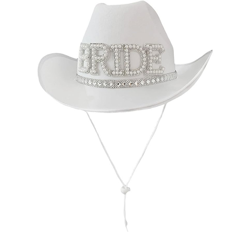 Cross-Border Hot Selling Pearl English Letters Bride Bride Bachelor Wedding Party Diamond White Western Cowboy Hat