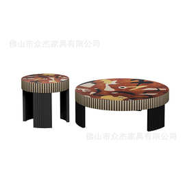 中古风茶几客厅家用圆形茶几设计师款艺术感天然木皮侘寂风茶桌