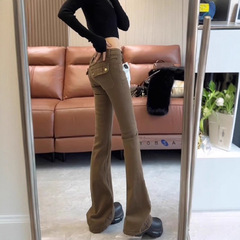 咖色设计感复古高腰微喇叭牛仔裤女夏季高个子加长修身弹力马蹄裤