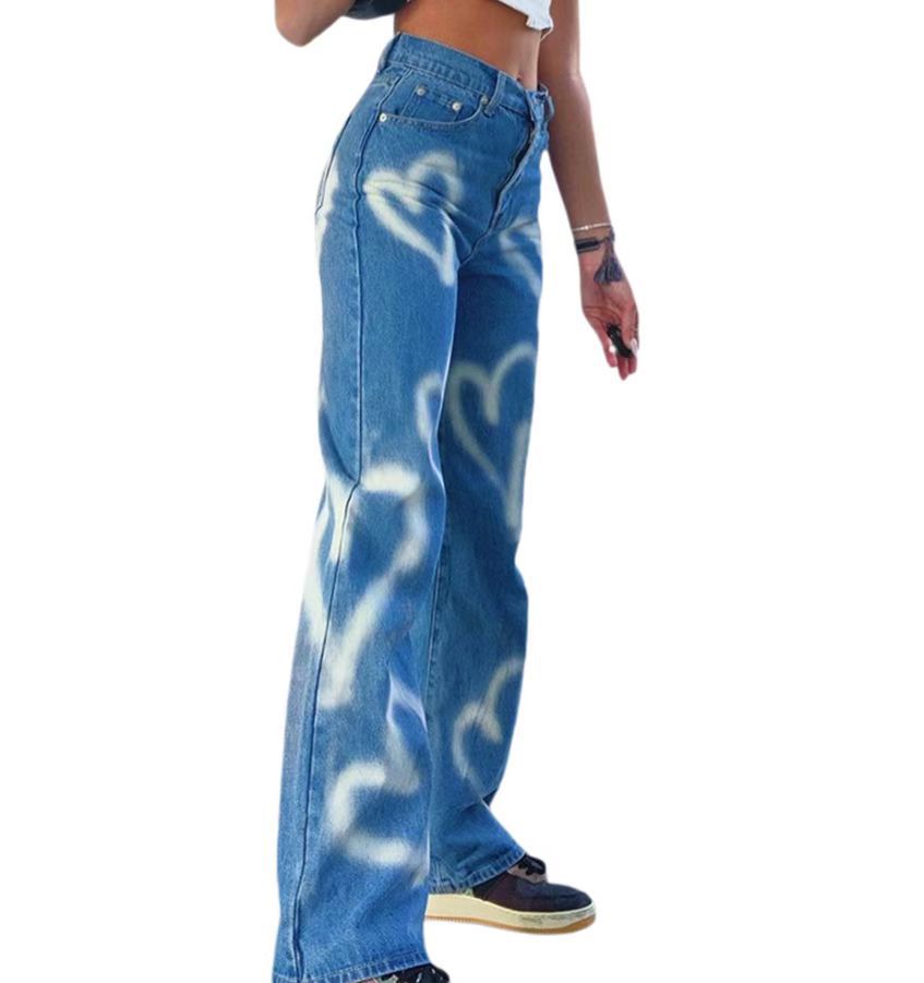 امرأة اليومي ملابس الشارع شكل القلب مكتمل الطول مغسول جينز بنطال واسع الساق display picture 5