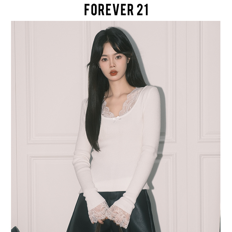 Forever21纯欲杏色蕾丝拼接V领上衣女秋冬法式打底长袖修身针织衫|undefined