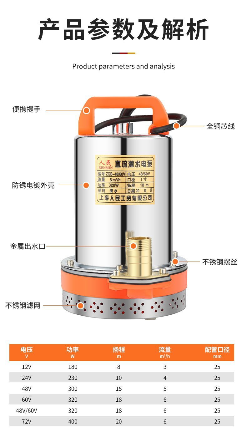 Shanghai People's 12V 24V 48V 60V 72V Dc Submersible Pump Electric Vehicle Battery Water Pump Car Wash