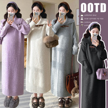 孕妇装2025秋冬季新款韩版时尚宽松翻领加厚设计感加厚毛衣连衣裙