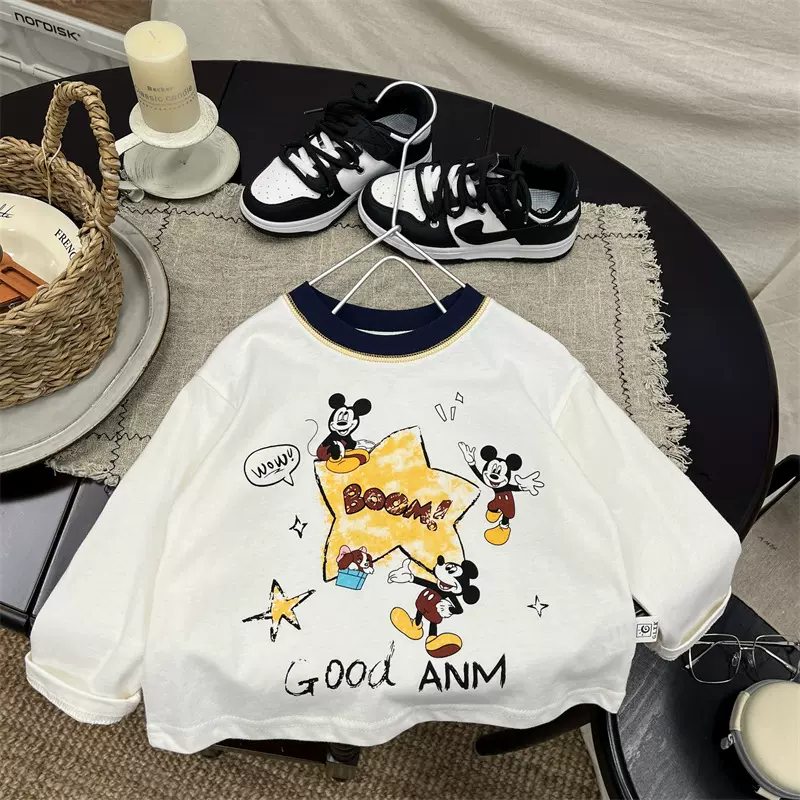 儿童长袖T恤2026春季男女童撞色卡通打底衫男孩宝宝圆领体恤衫