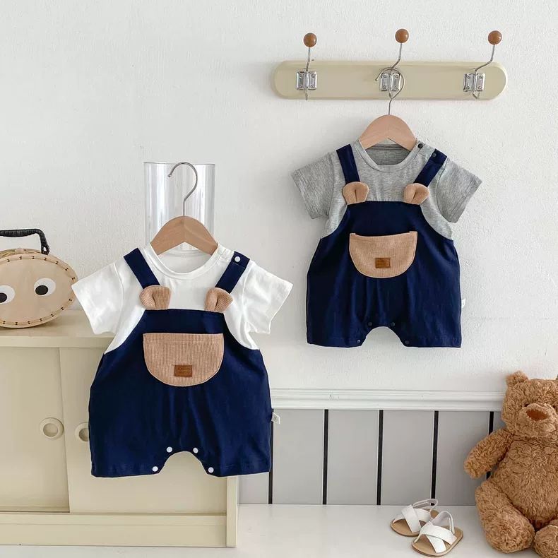 ベビー男の子ジャンプスーツ、クマフェイクツーピース半袖夏ロンパース、ベビーお出かけ服、ポケット、おしゃれなお尻カバー|undefined