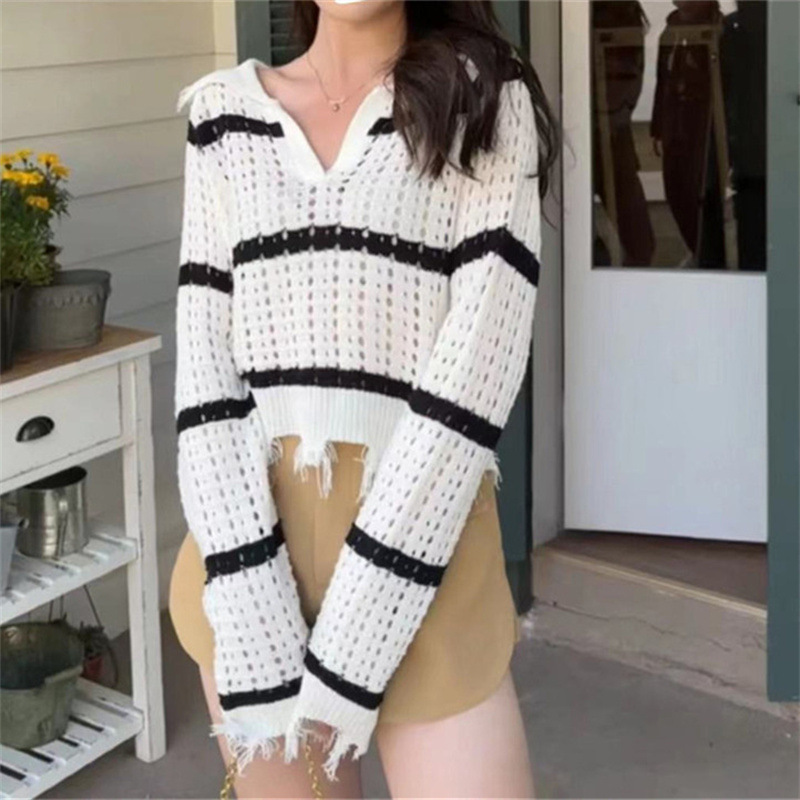 2025 primavera y verano blanco y negro rayas de color hueco chaqueta de moda coreana casual versátil blusa de punto delgada ropa de mujer image 7
