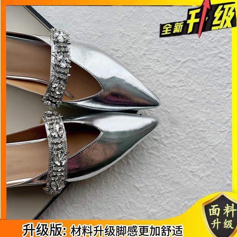 レザーバージョン~Zhao Lusiと同じスタイルの女性用ラインストーンつま先スリッパ、レトロな夏の平底ポインテッドトゥハーフスリッパ|undefined