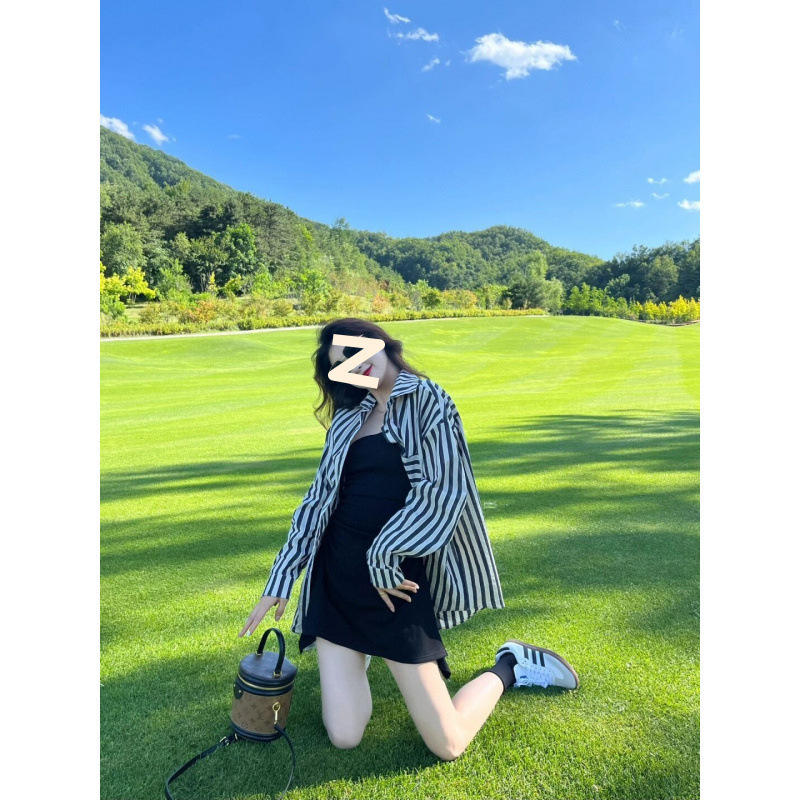 开春季网红炸街减龄绝美法式条纹衬衫配抹胸连衣裙两件套装女|undefined